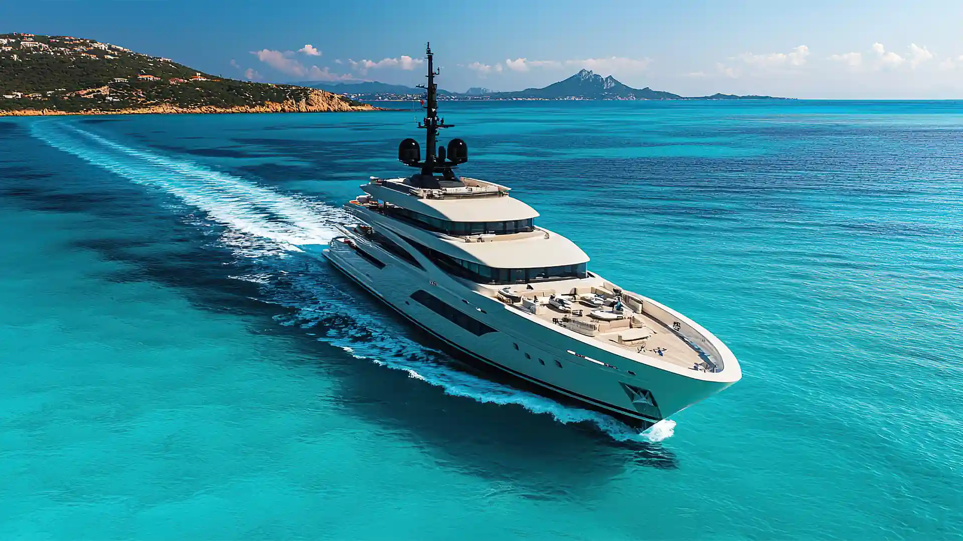 Super yate navegando a velocidad en aguas de Ibiza con costa al fondo