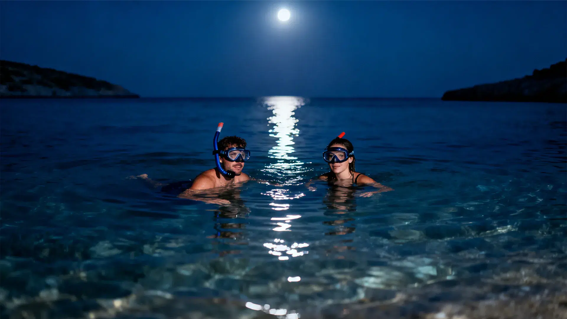 Dos personas haciendo snorkel de noche en una cala de aguas transparentes, iluminadas por la luna llena