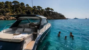 Familia bañándose junto a un yate en aguas turquesas de Ibiza